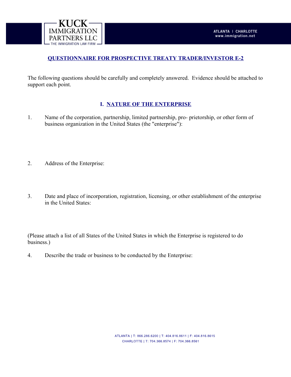 Questionnaire for Prospective Treaty Trader/Investor