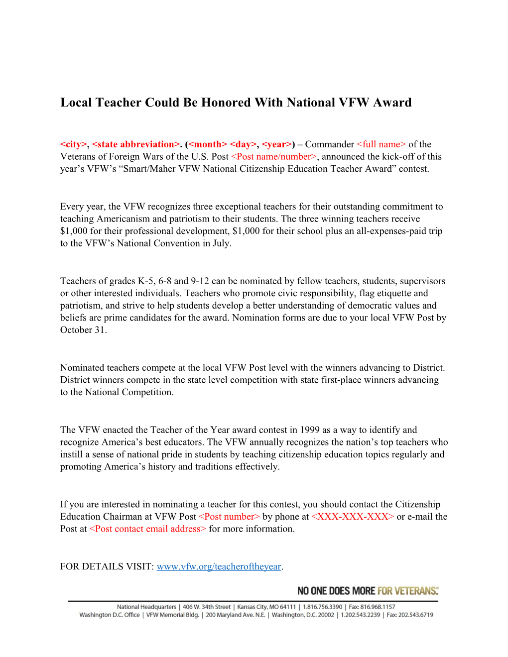 Local Teacher Could Be Honoredwith National VFW Award