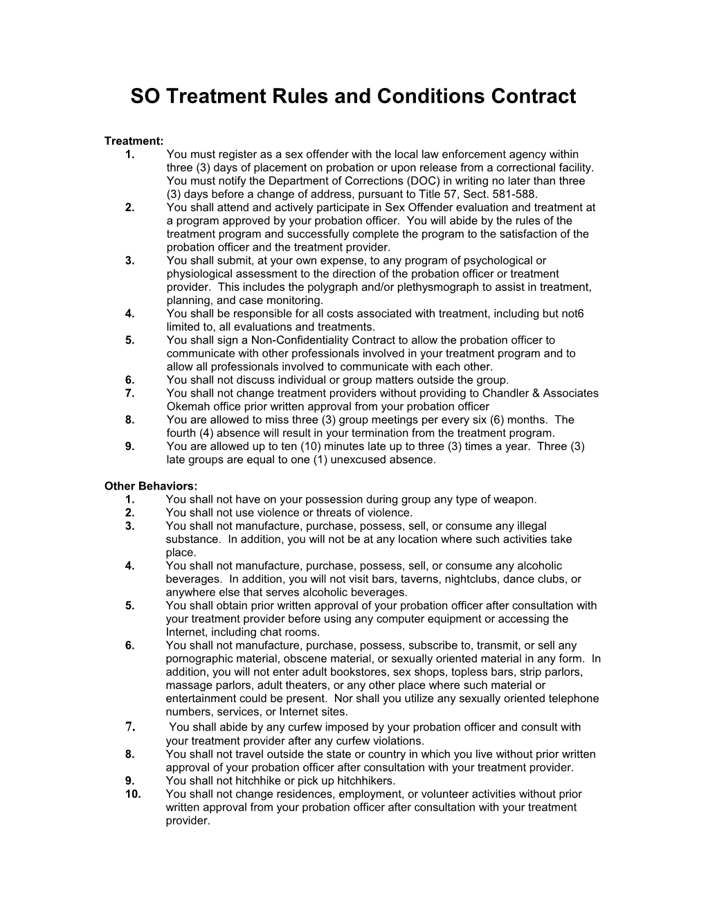 SO Treatment Rules and Conditions Contract