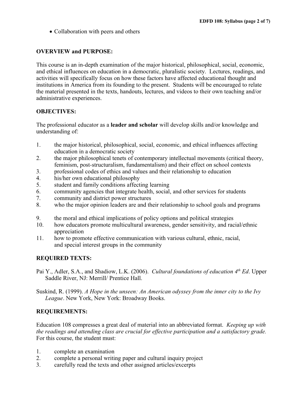 EDFD 108: Syllabus (Page 1 of 7)