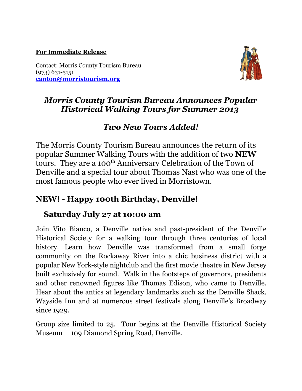 Morris County Tourism Bureau Announces Popular Historical Walking Tours for Summer 2013