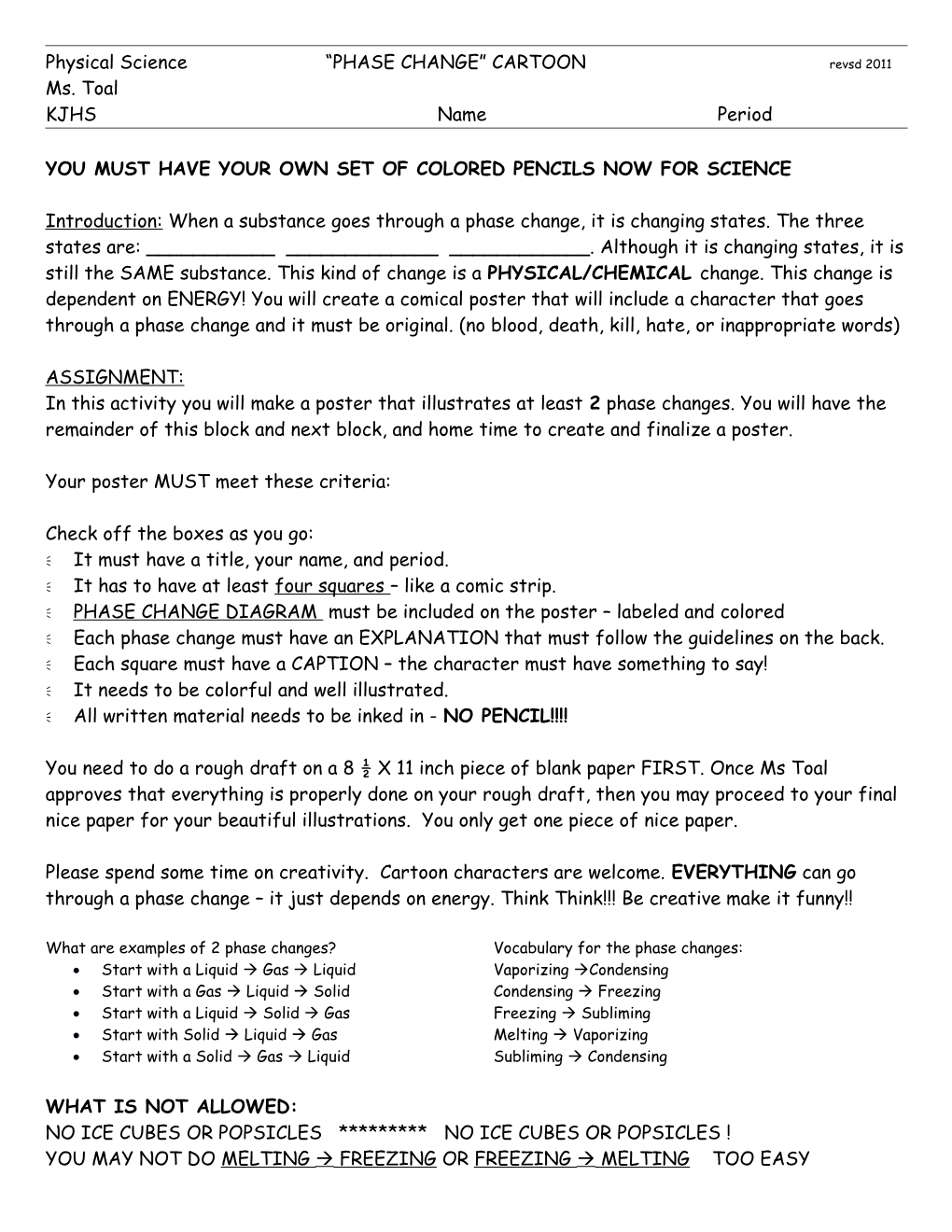 Physical Science PHASE CHANGE Cartoonrevsd 2011