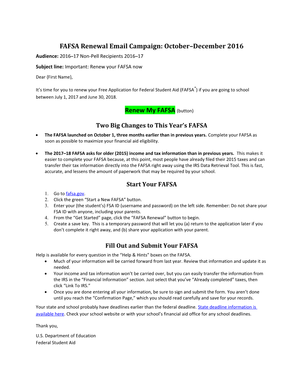 FAFSA Renewal Email Campaign: October December 2016