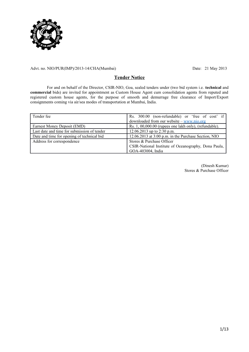 CSIR NIO CHA Mumbai Tender Document