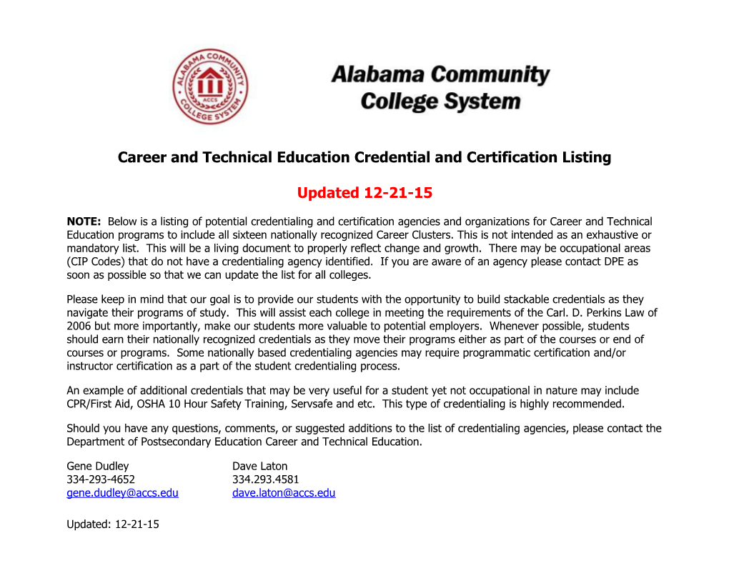 Career and Technical Education Credential and Certification Listing