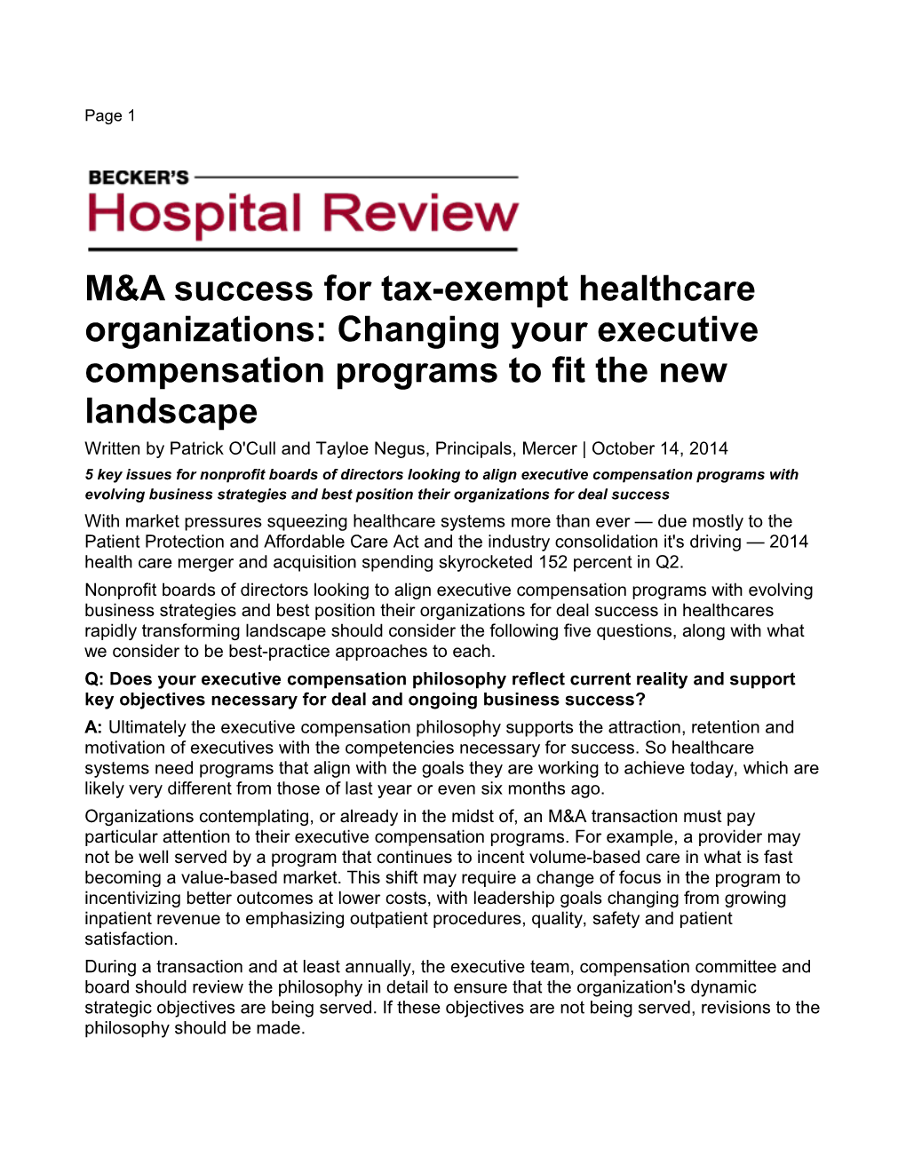 M&A Success for Tax-Exempt Healthcare Organizations: Changing Your Executive Compensation