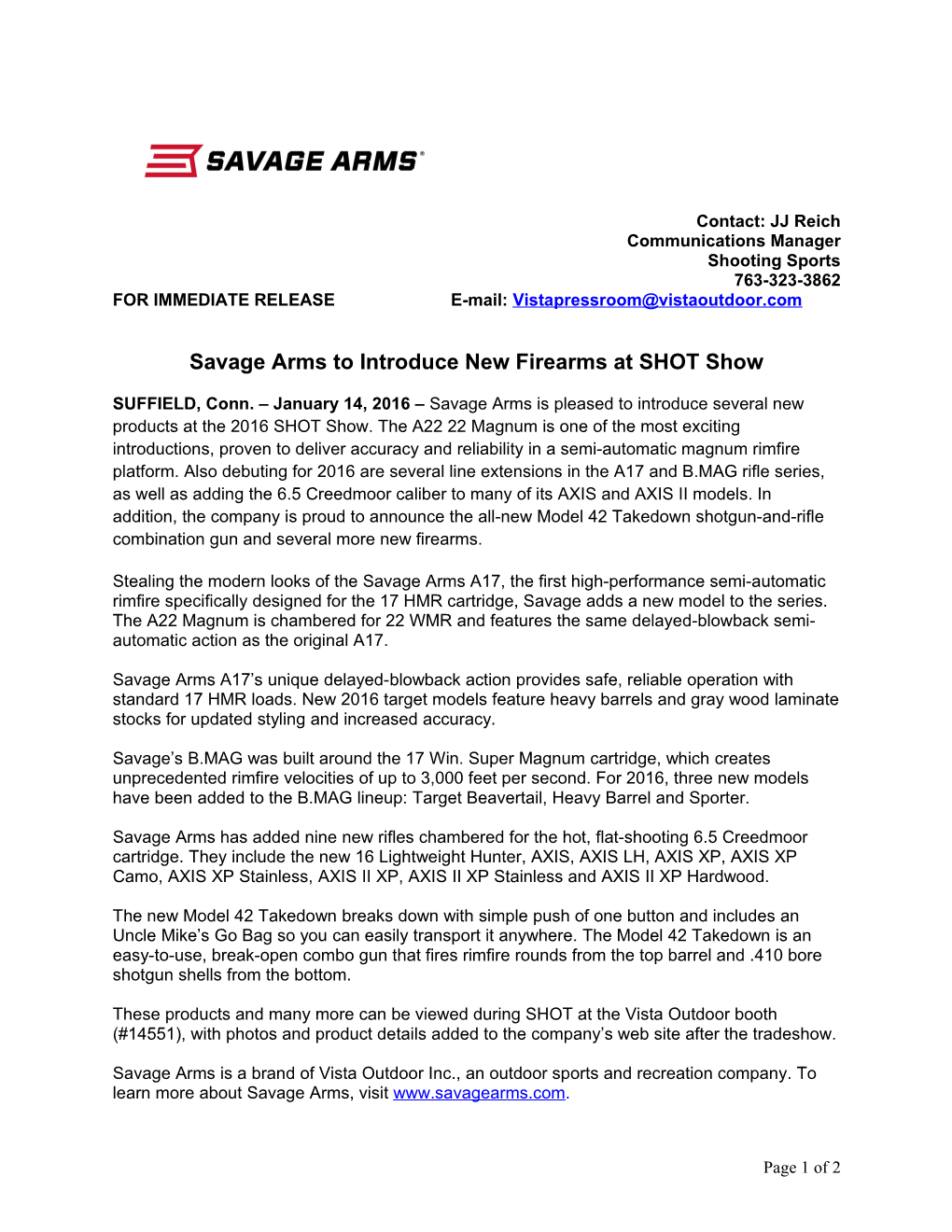 Savage Arms Tointroduce New Firearms at SHOT Show