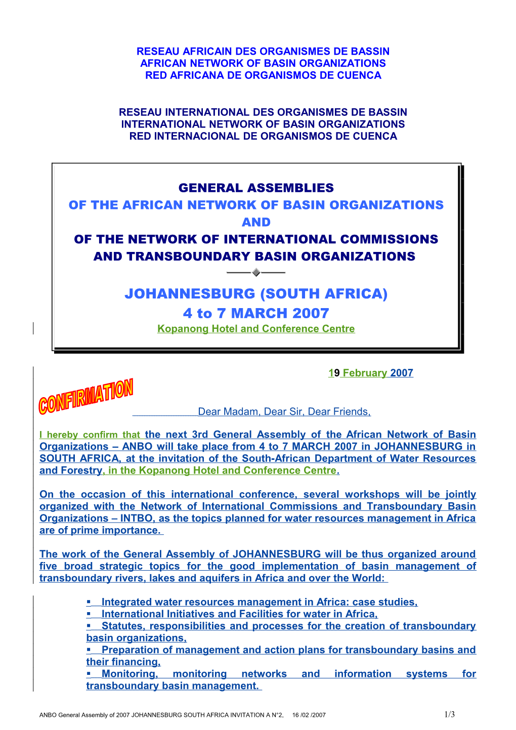 Of the African Network of Basin Organizations And