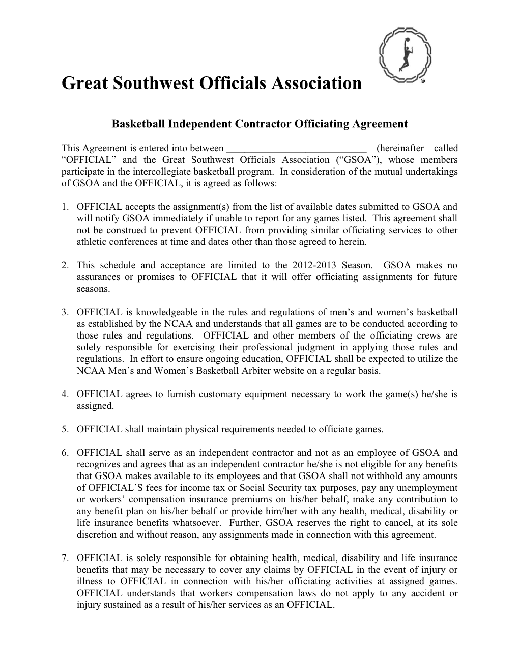 Basketball Independent Contractor Officiating Agreement