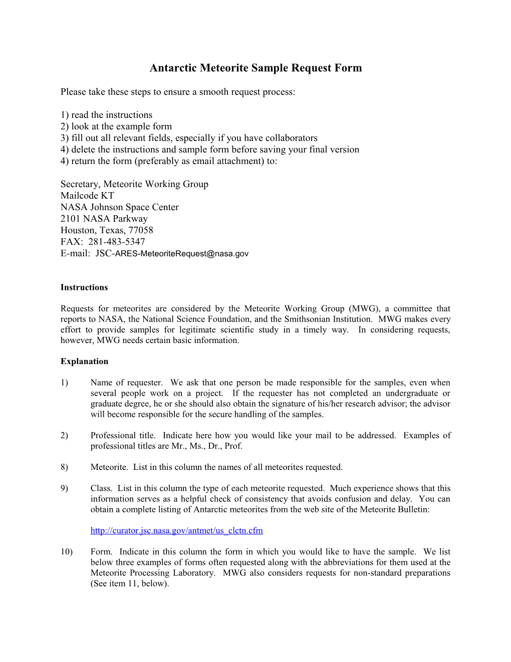 Antarctic Meteorite Sample Request Form