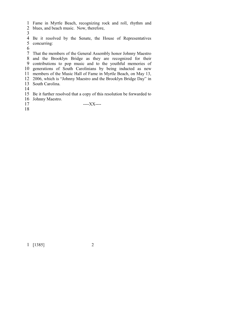 2005-2006 Bill 1385: Johnny Maestro and the Brooklyn Bridge Day - South Carolina Legislature