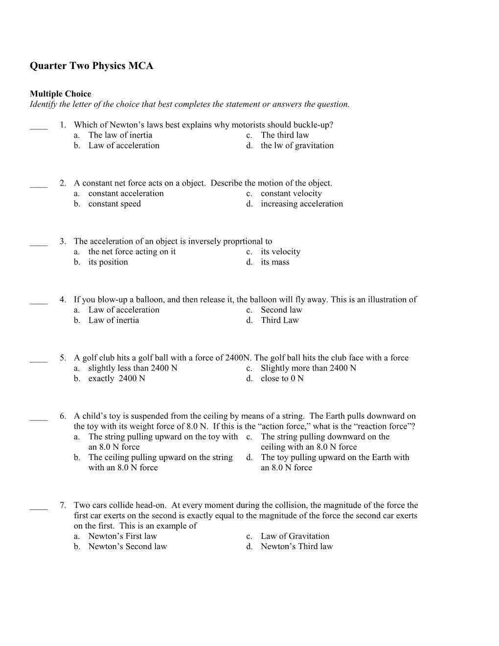 Quarter Two Physics MCA