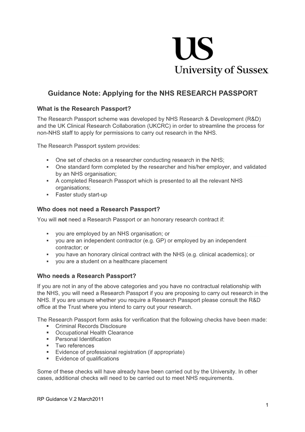 Guidance Note:Applying for the NHS RESEARCH PASSPORT