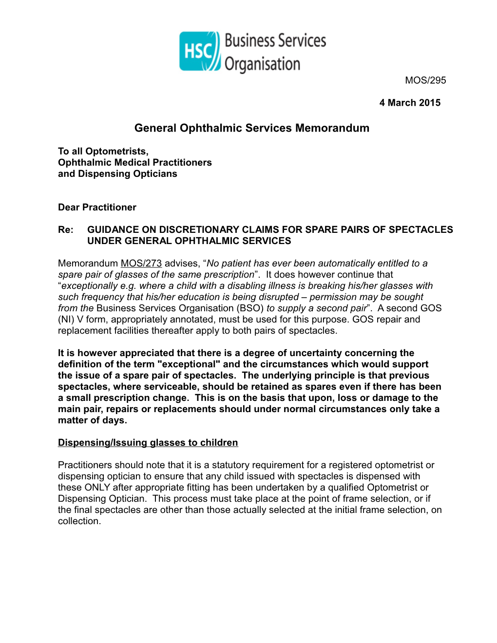 General Ophthalmic Services Memorandum