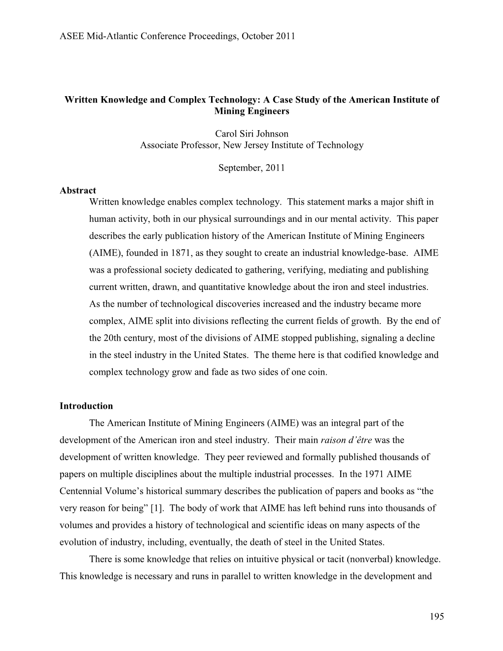 ASEE Mid-Atlantic Conference Proceedings, October 2011