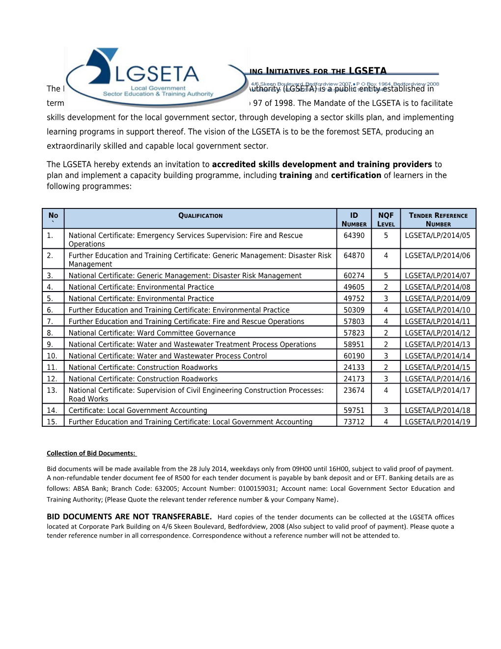 Invitation to Tender for Training Initiatives for the Lgseta