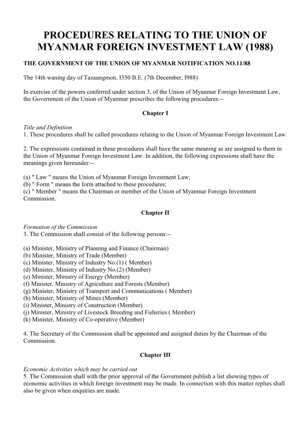 Procedures Relating to the Union of Myanmar Foreign Investment Law (1988)