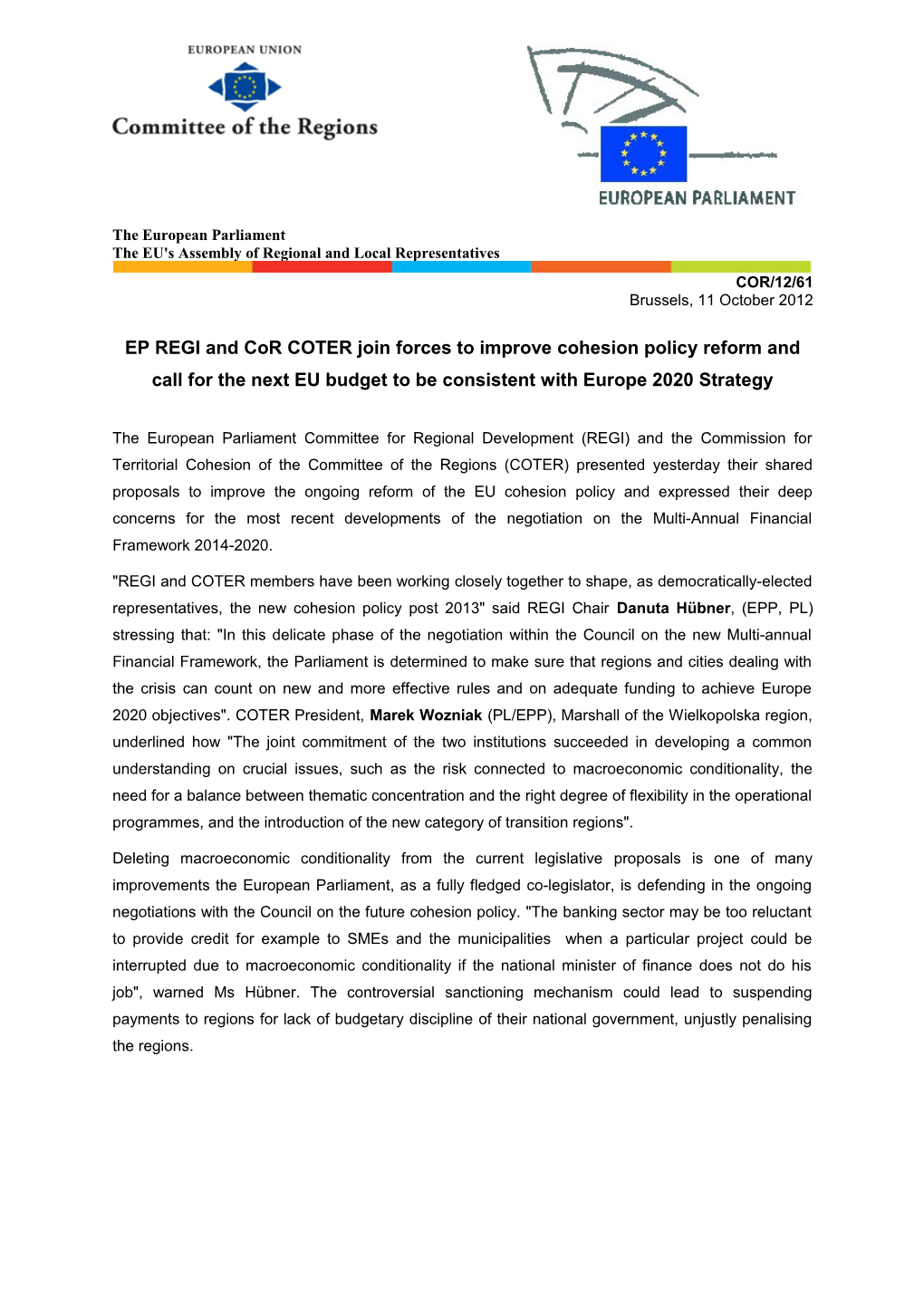 EP REGI and Cor COTER Join Forces to Improve Cohesion Policy Reform and Call for the Next