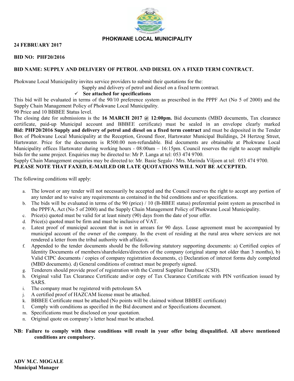 Bid Name: Supply and Deliveryof Petrol and Diesel on a Fixed Term Contract