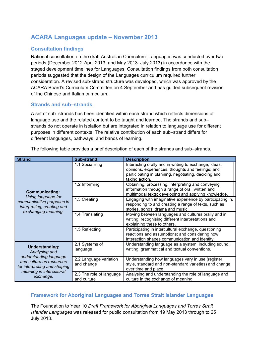 ACARA Languages Update November 2013