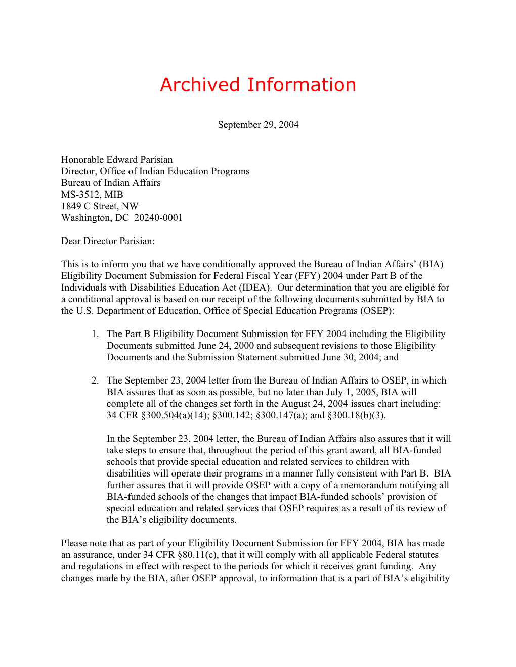 Archived: 2004 Bureau of Indian Affairs Individuals with Disabilities Act (IDEA) Part B