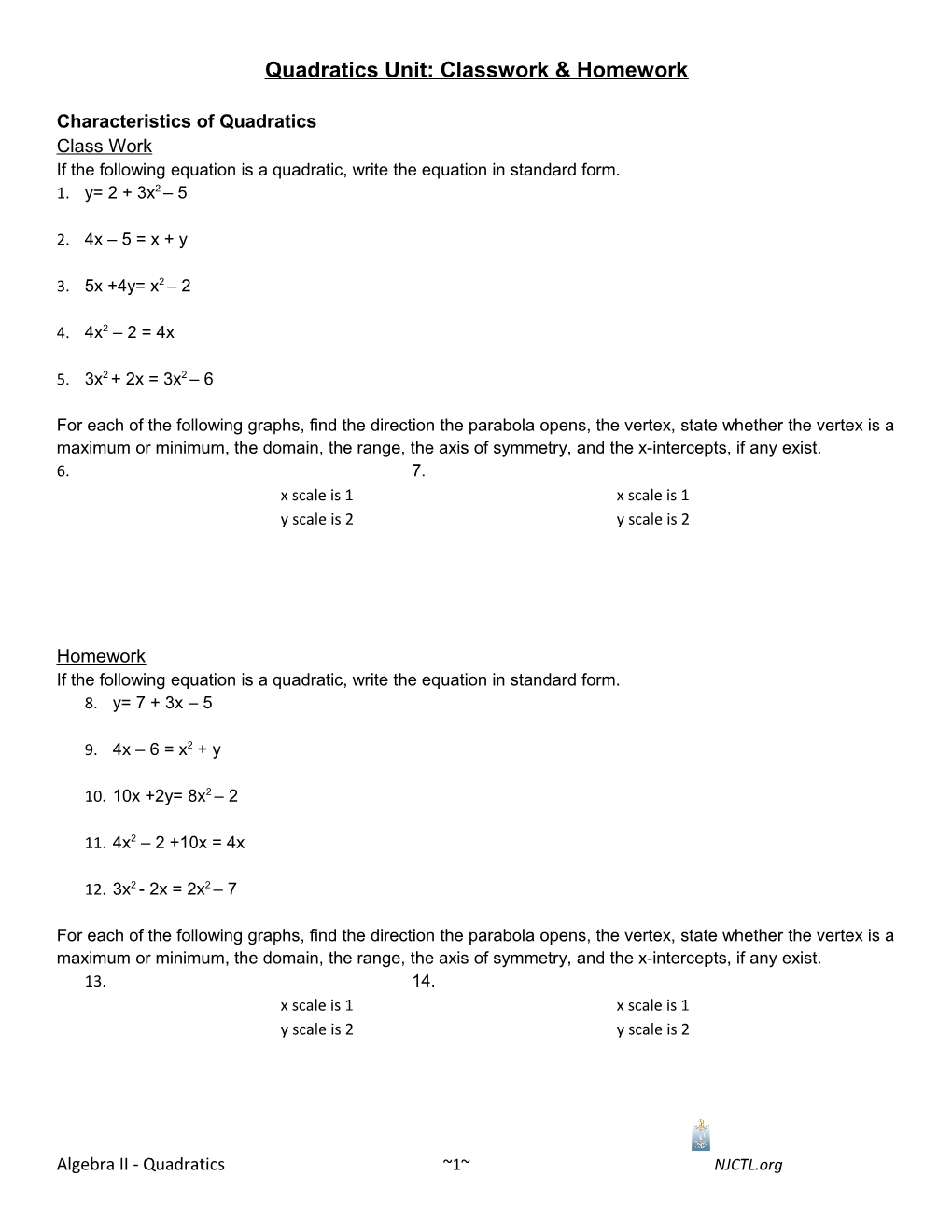 Quadratics Unit: Classwork & Homework