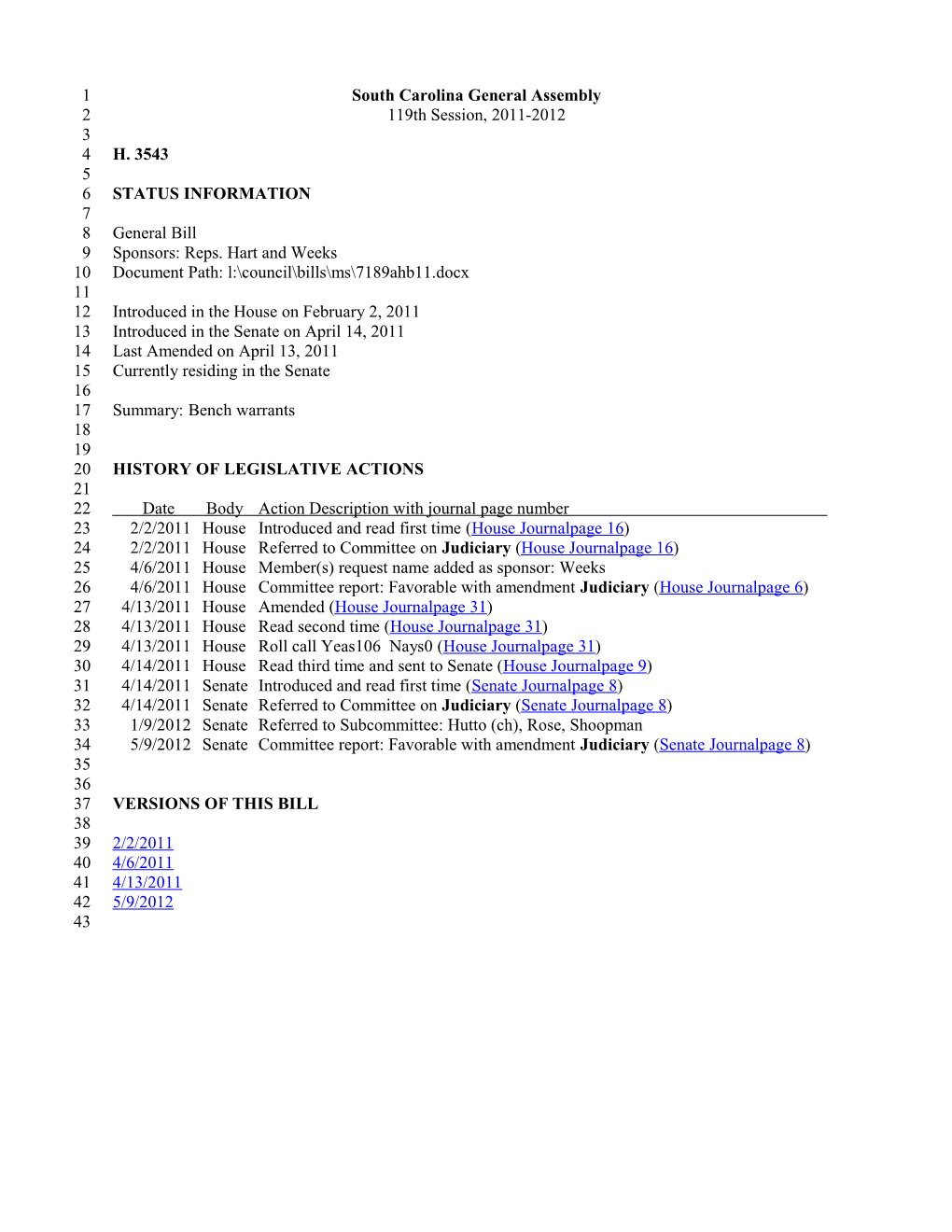 2011-2012 Bill 3543: Bench Warrants - South Carolina Legislature Online