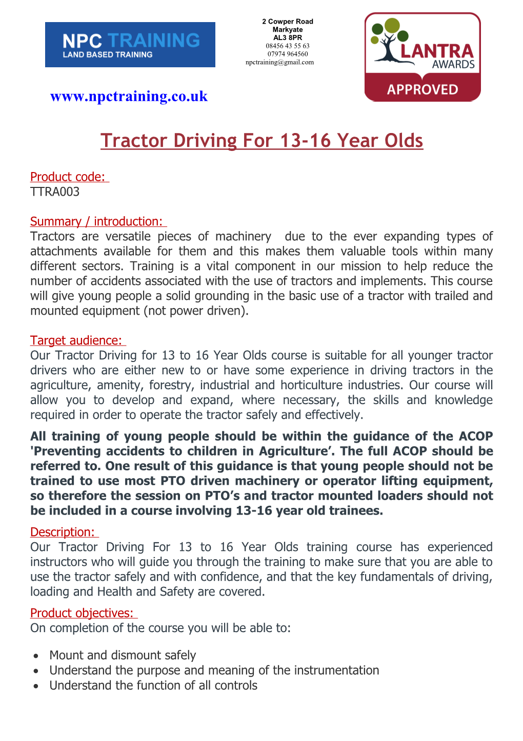 Tractor Driving for 13-16 Year Olds