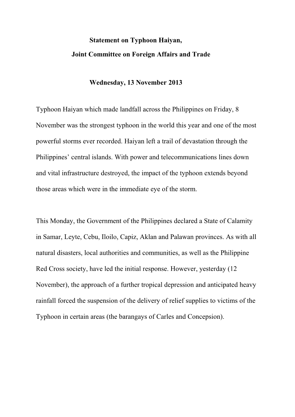 Statement on Typhoon Haiyan
