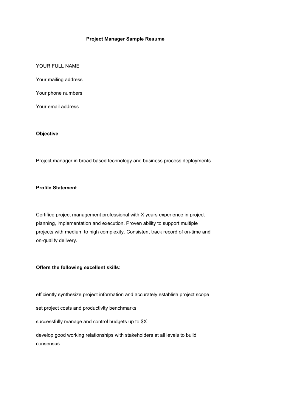 Project Manager Sample Resume