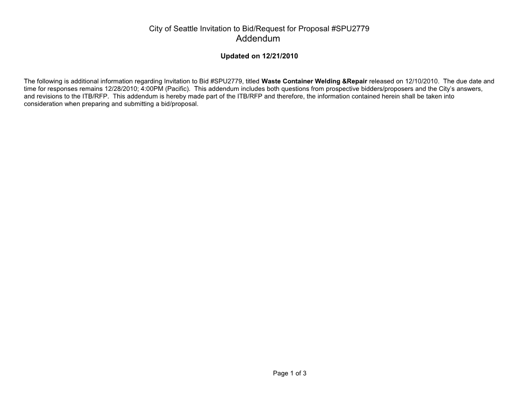 City of Seattle Invitation to Bid/Request for Proposal #SPU2779