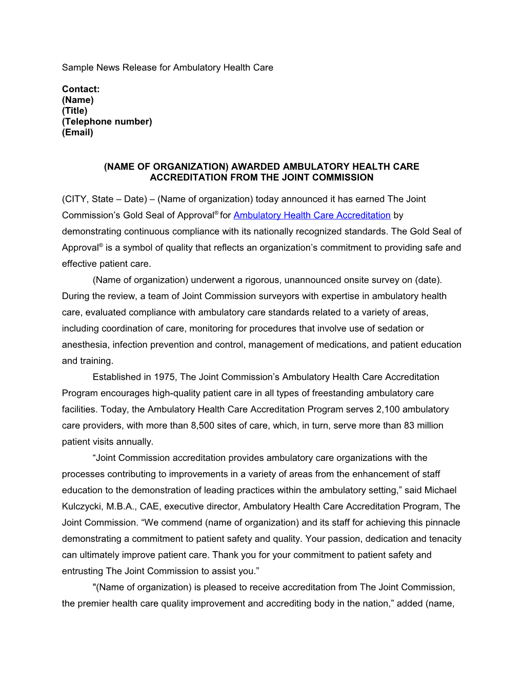 Sample News Release for Ambulatory Health Care