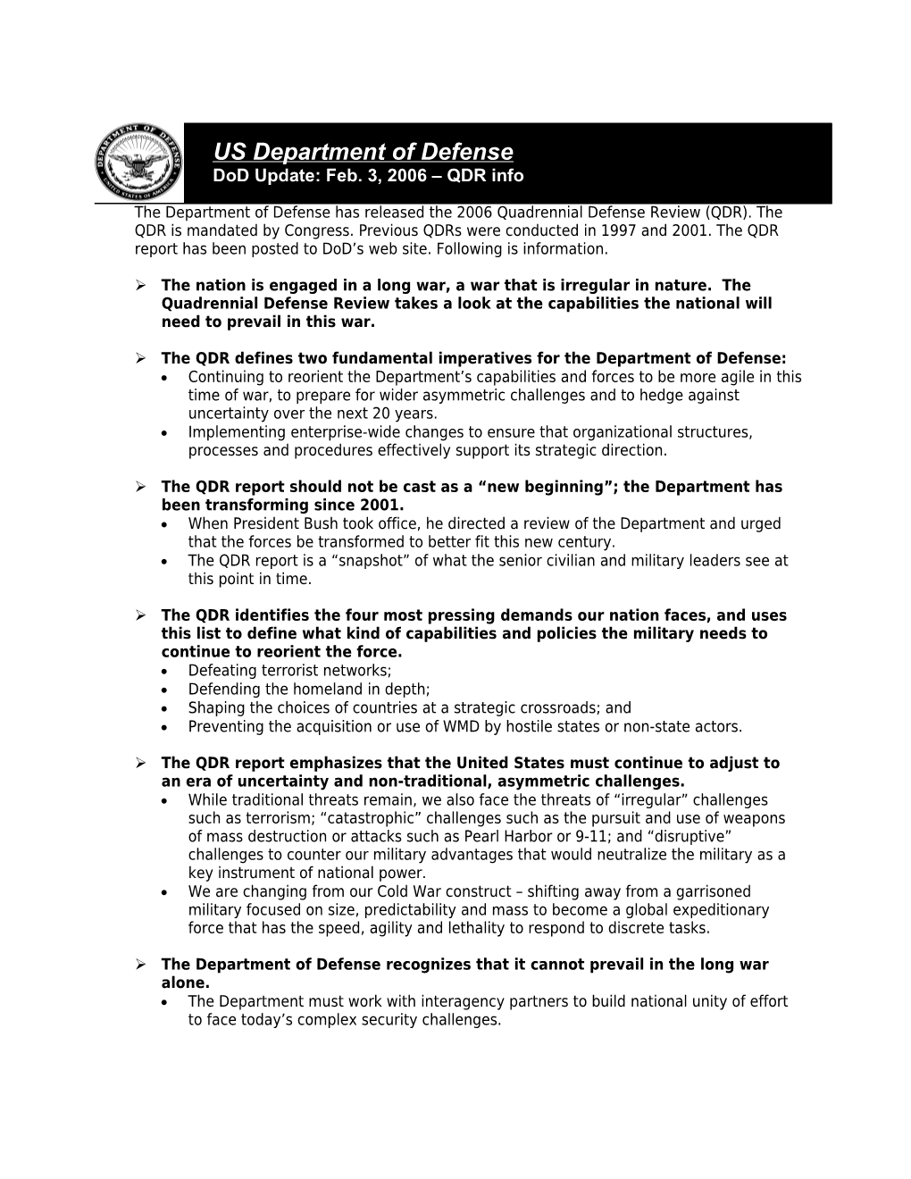 The Department of Defense Has Released the 2006 Quadrennial Defense Review Report