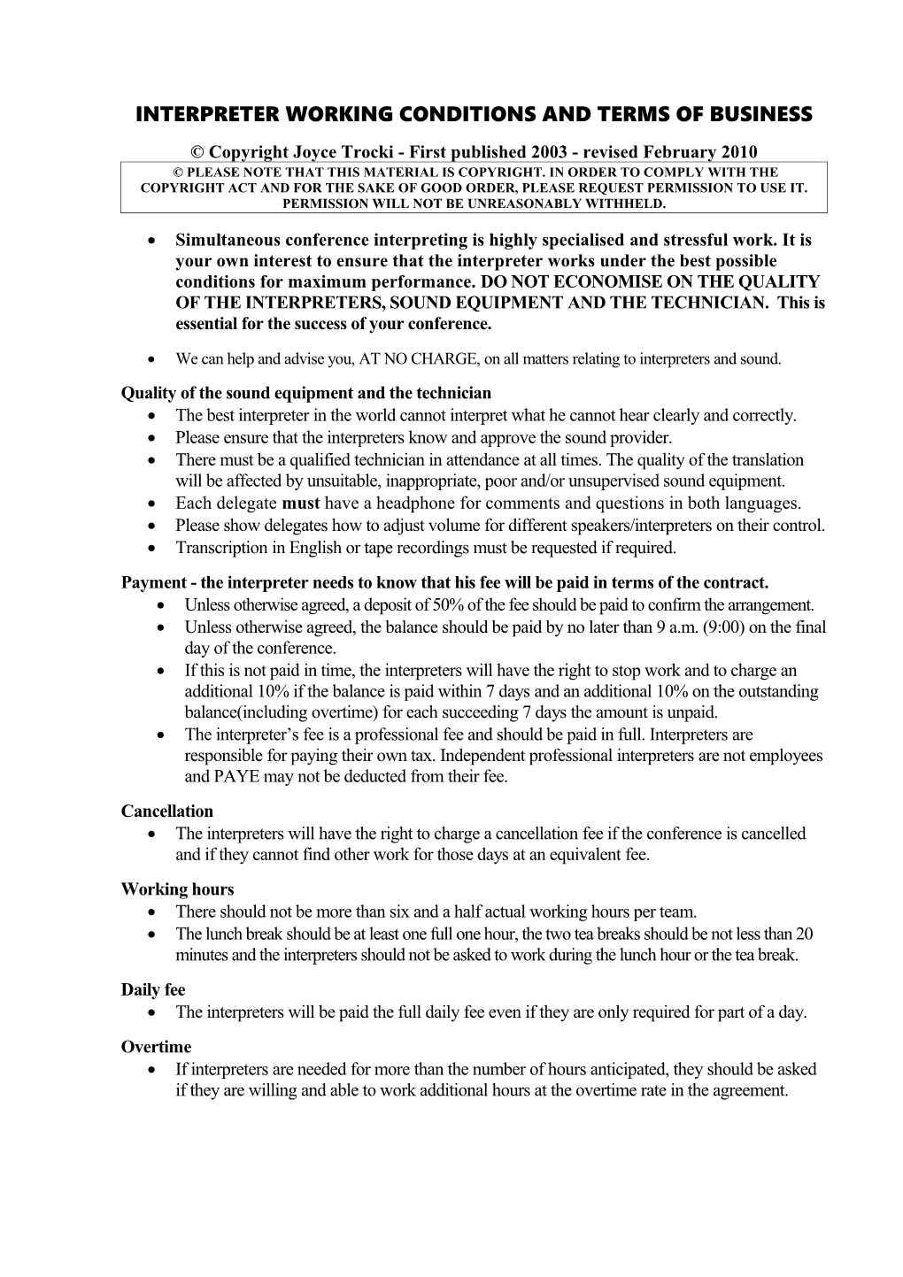 Interpreter Working Conditions and Terms of Business