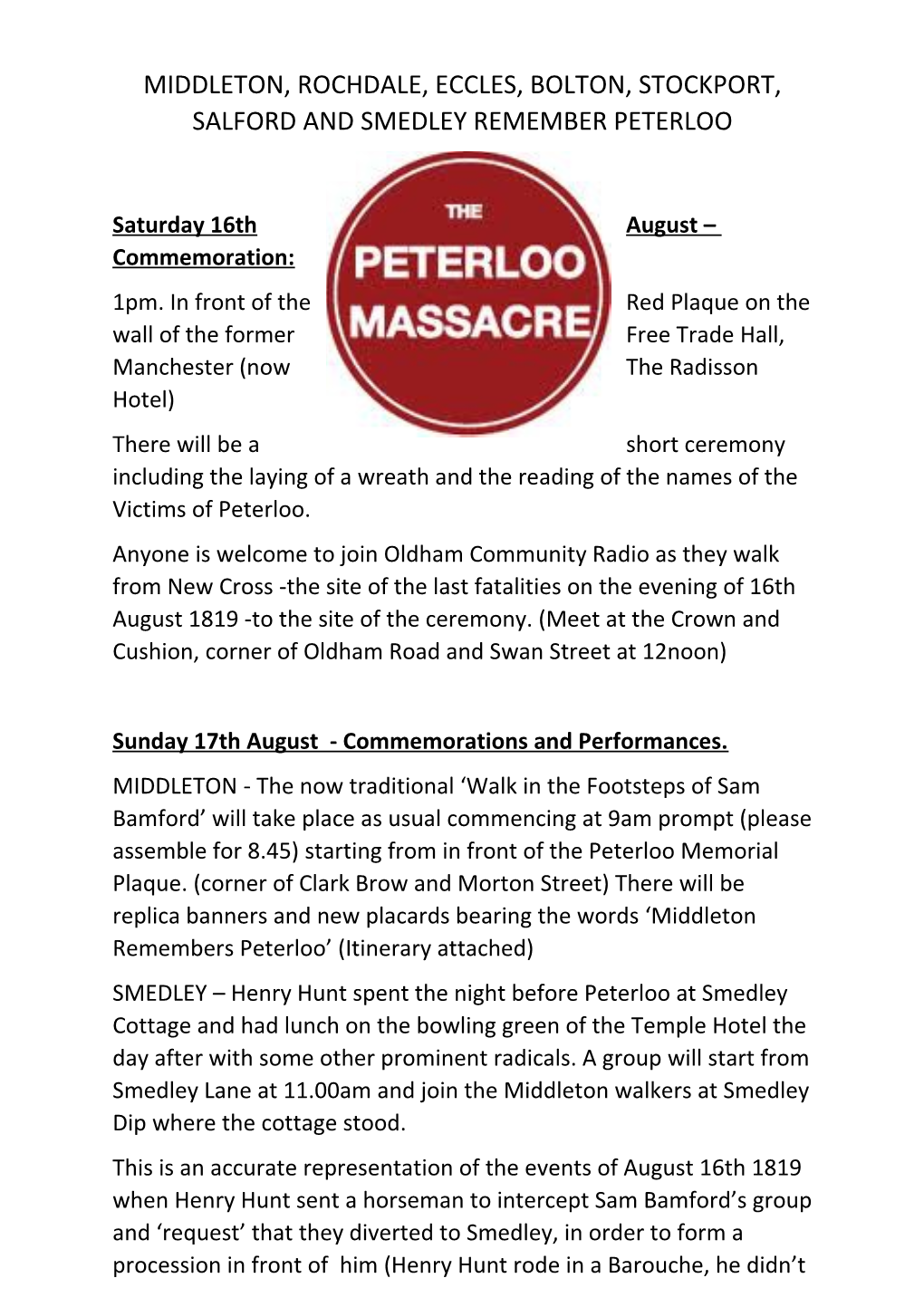 Middleton, Rochdale, Eccles, Bolton, Stockport, Salford and Smedley Remember Peterloo