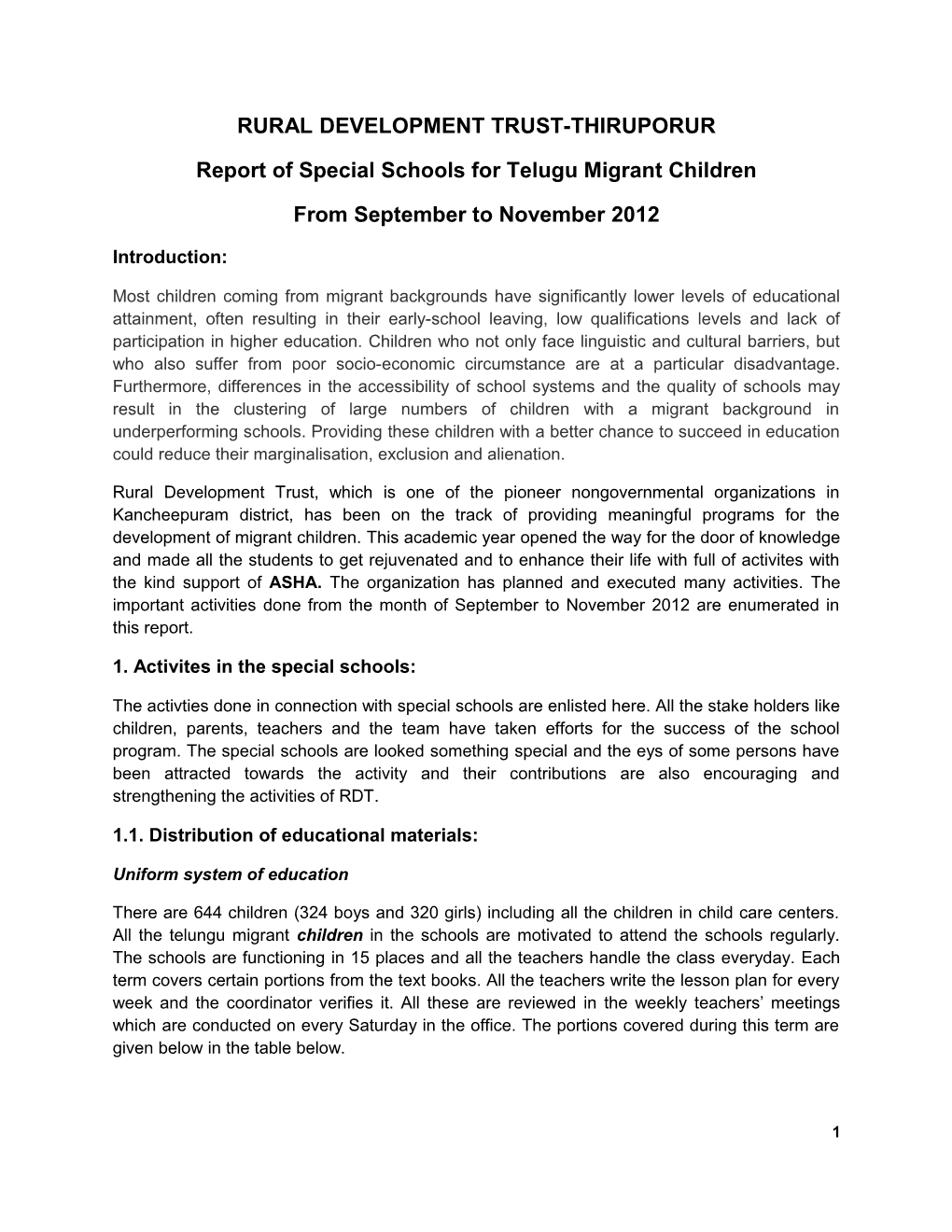 Report of Special Schools for Telugu Migrant Children