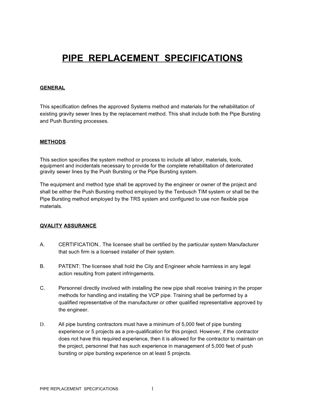 Pipe Replacement Specifications