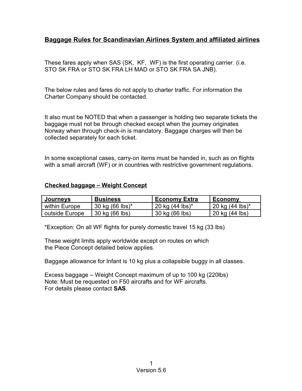 Scandinavina Airlines System Group Baggage Rules