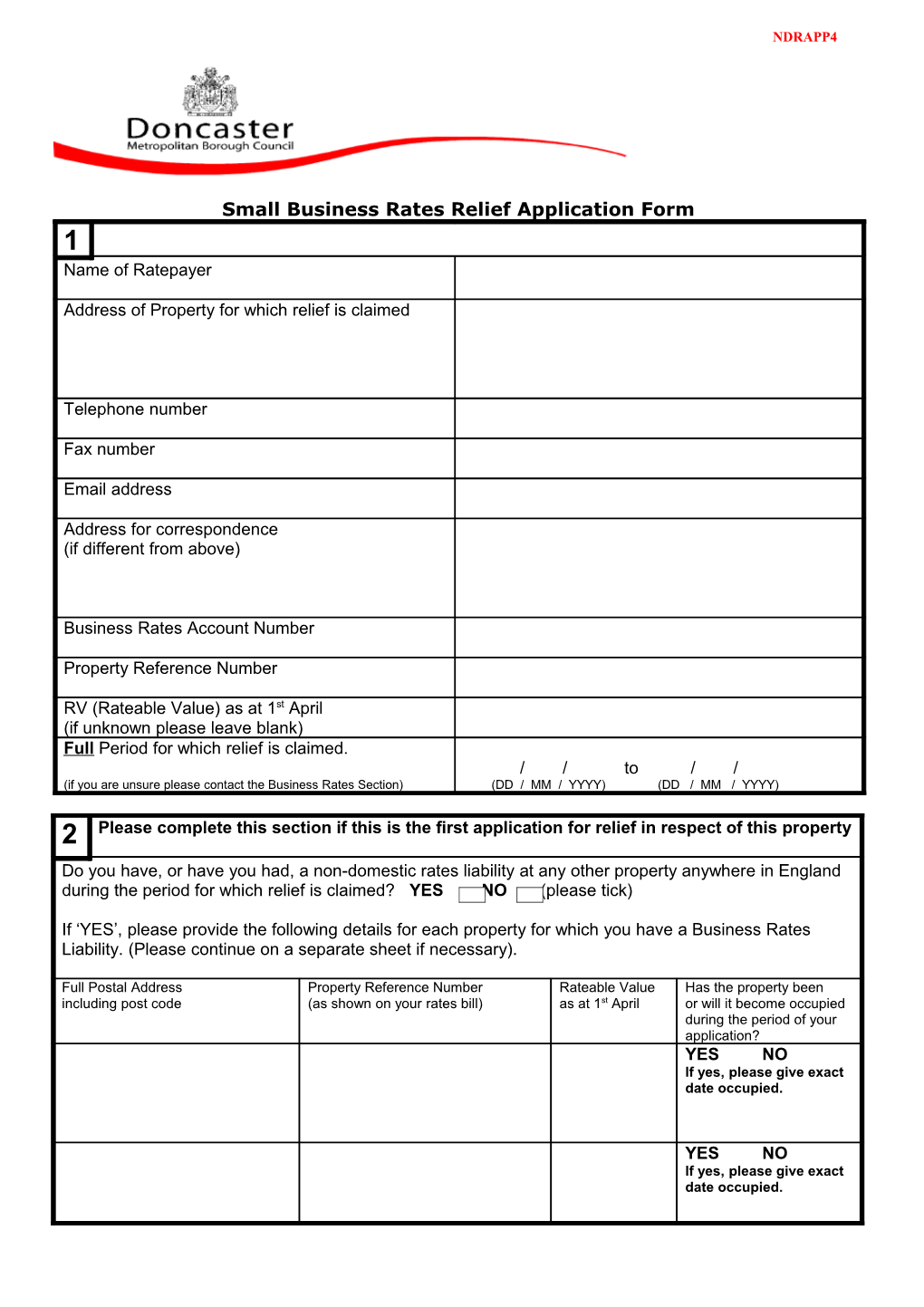 Small Business Rates Relief Application Form