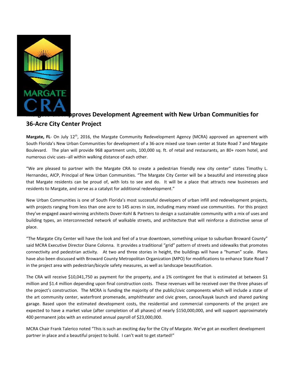 Margate CRA Approves Development Agreement with New Urban Communities for 36-Acre City