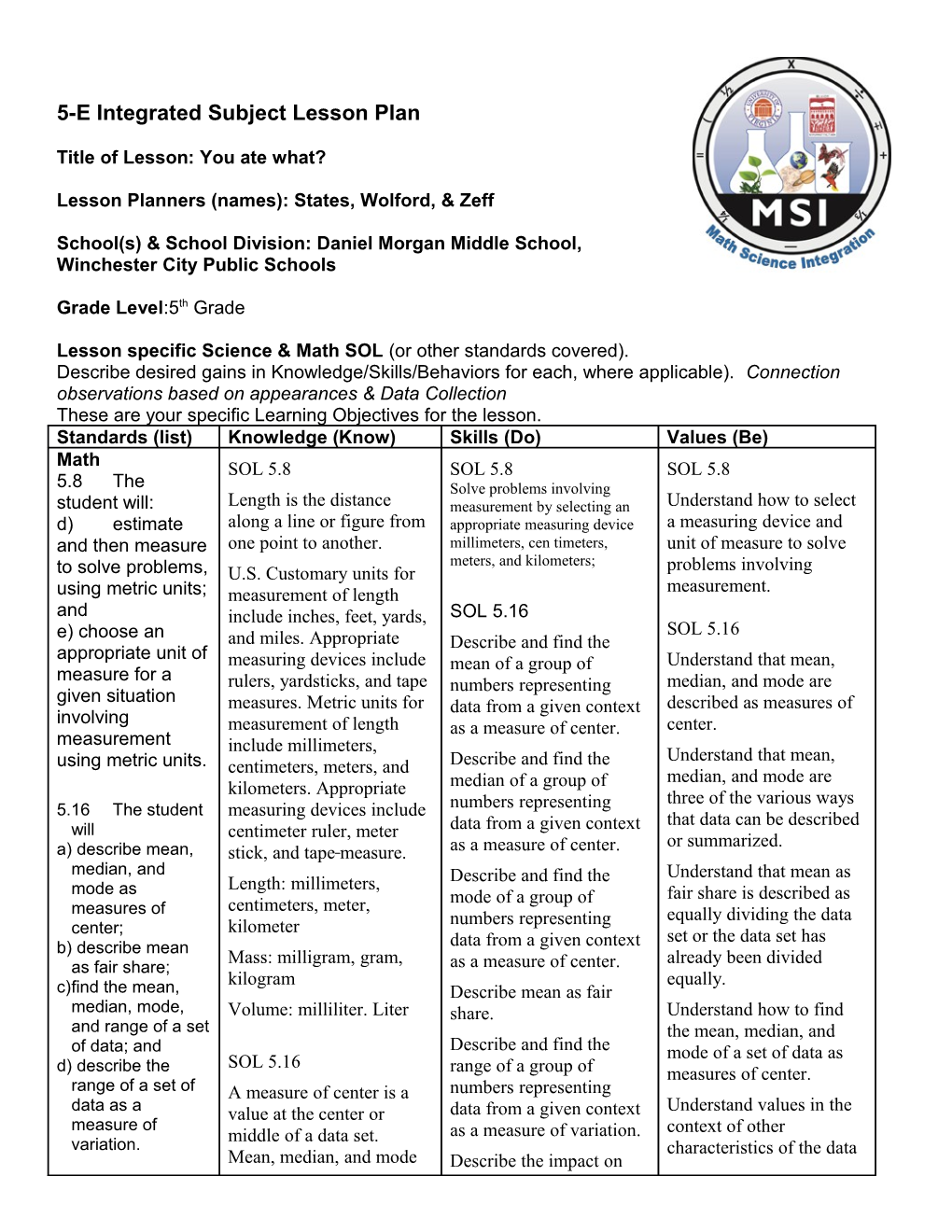 5-E Integrated Subject Lesson Plan