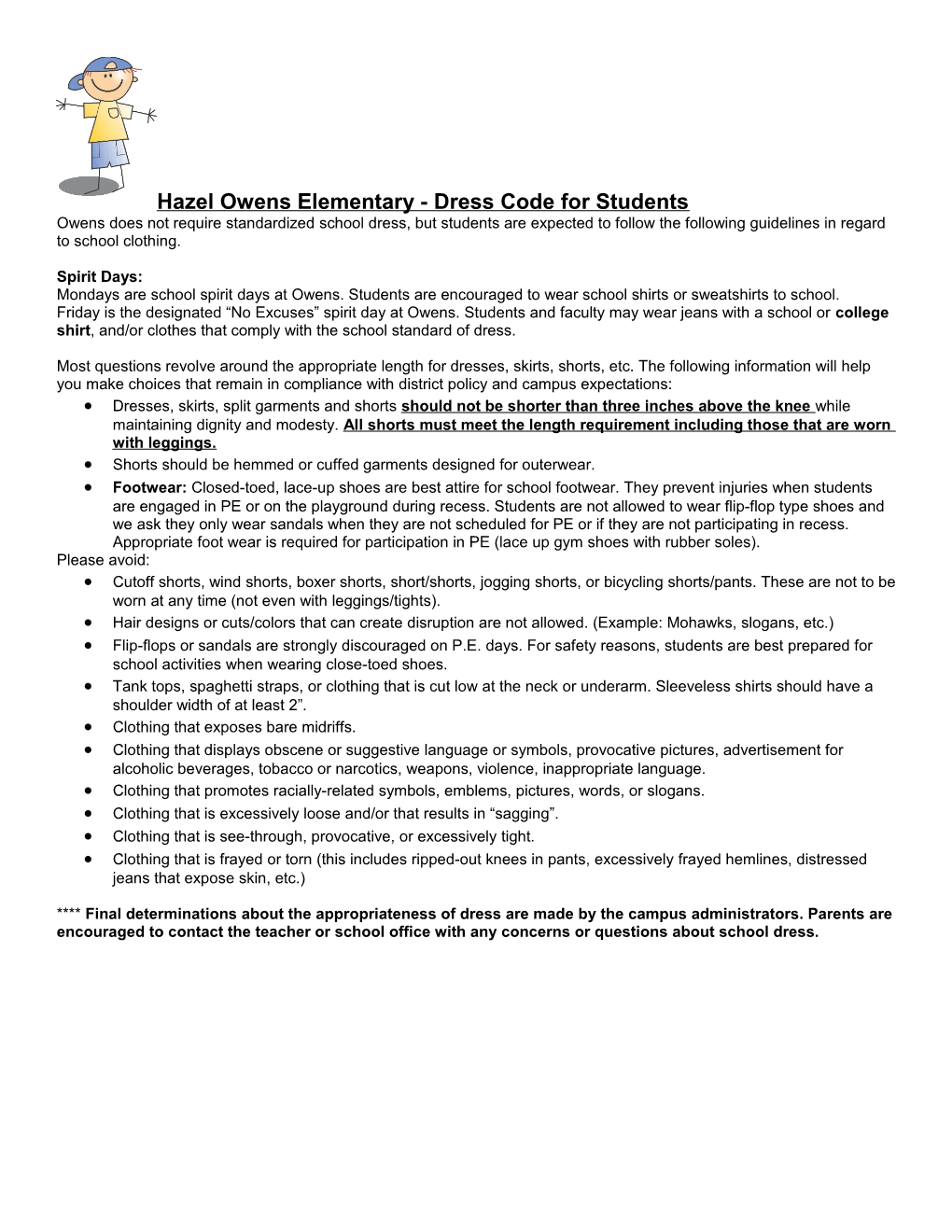 Hazel Owens Elementary - Dress Code for Students