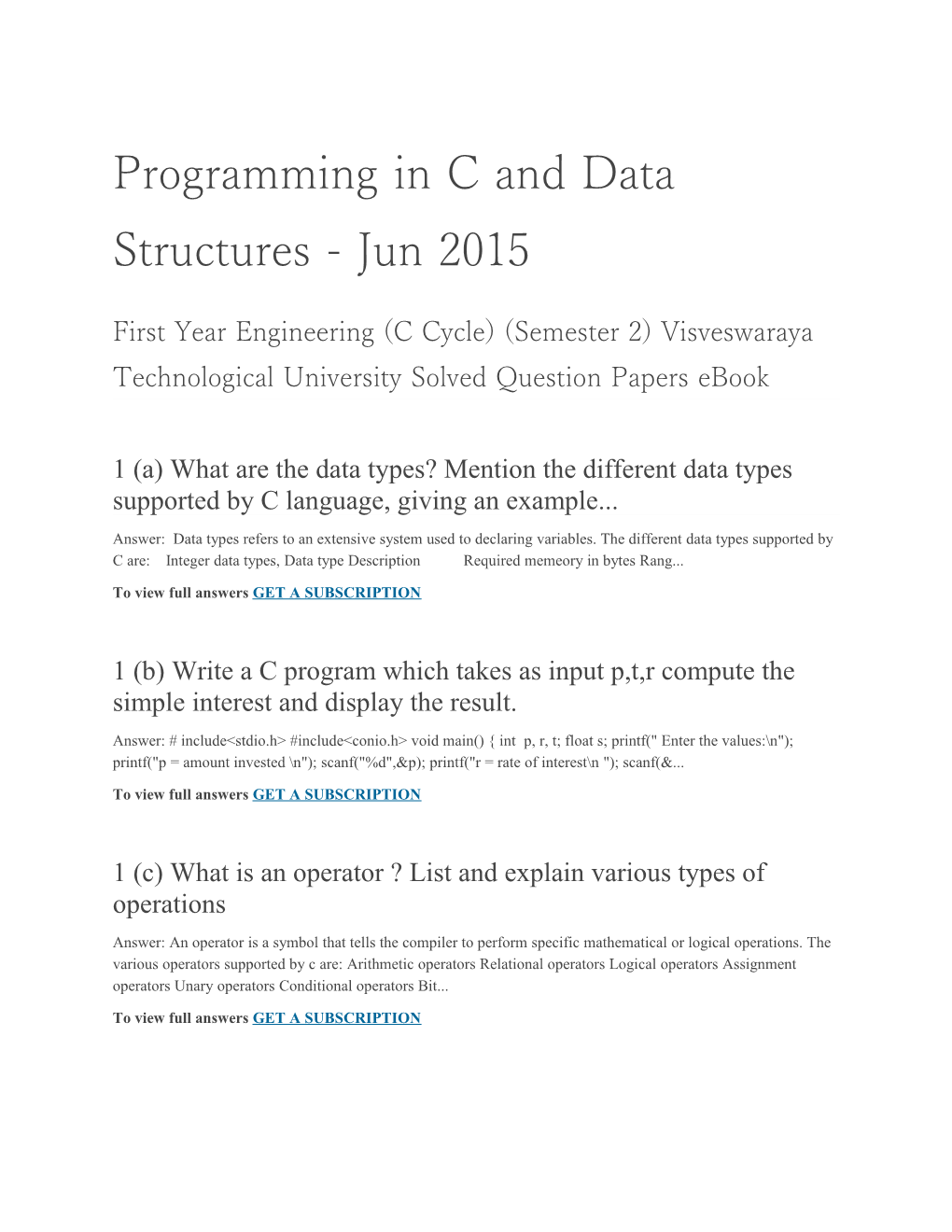 Programming in C and Data Structures - Jun 2015