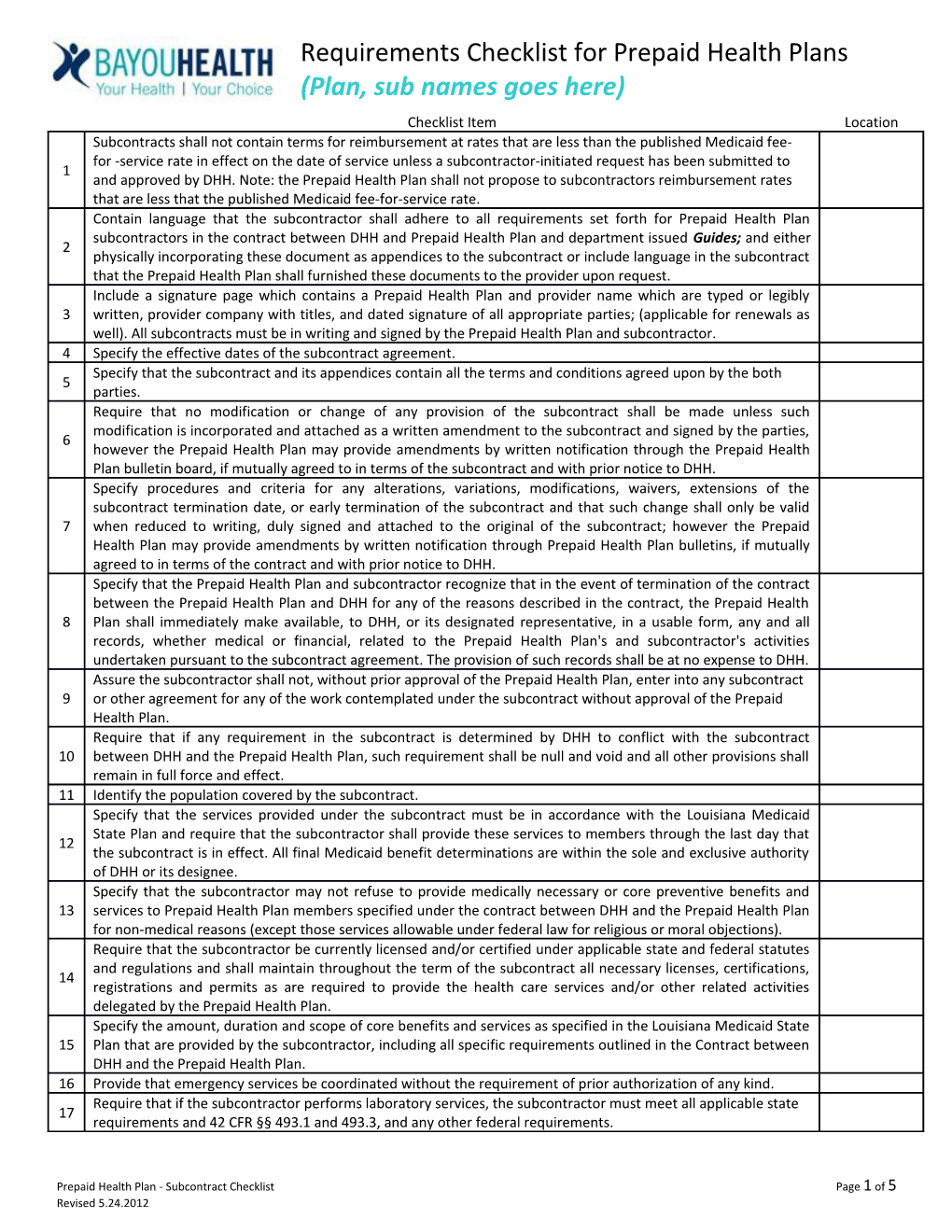 Prepaid Health Plan - Subcontract Checklistpage 1 of 5