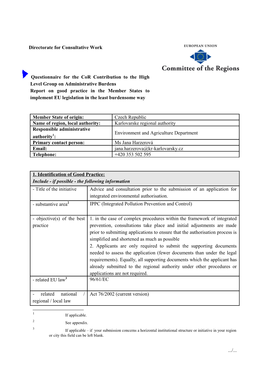 Response to Questionnaire - Czech Republic