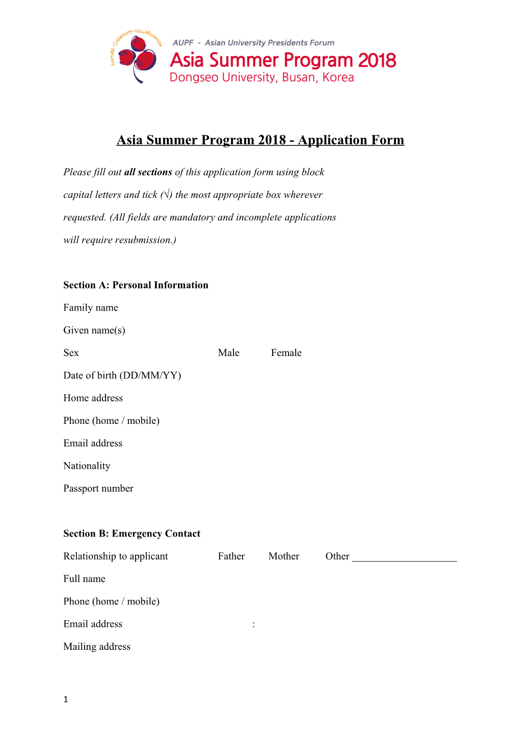 Asia Summer Program2018 - Application Form
