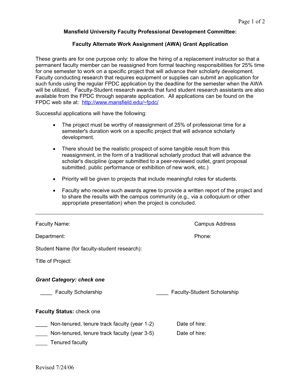 Application for Mansfield University Faculty Professional Development Committee Grants
