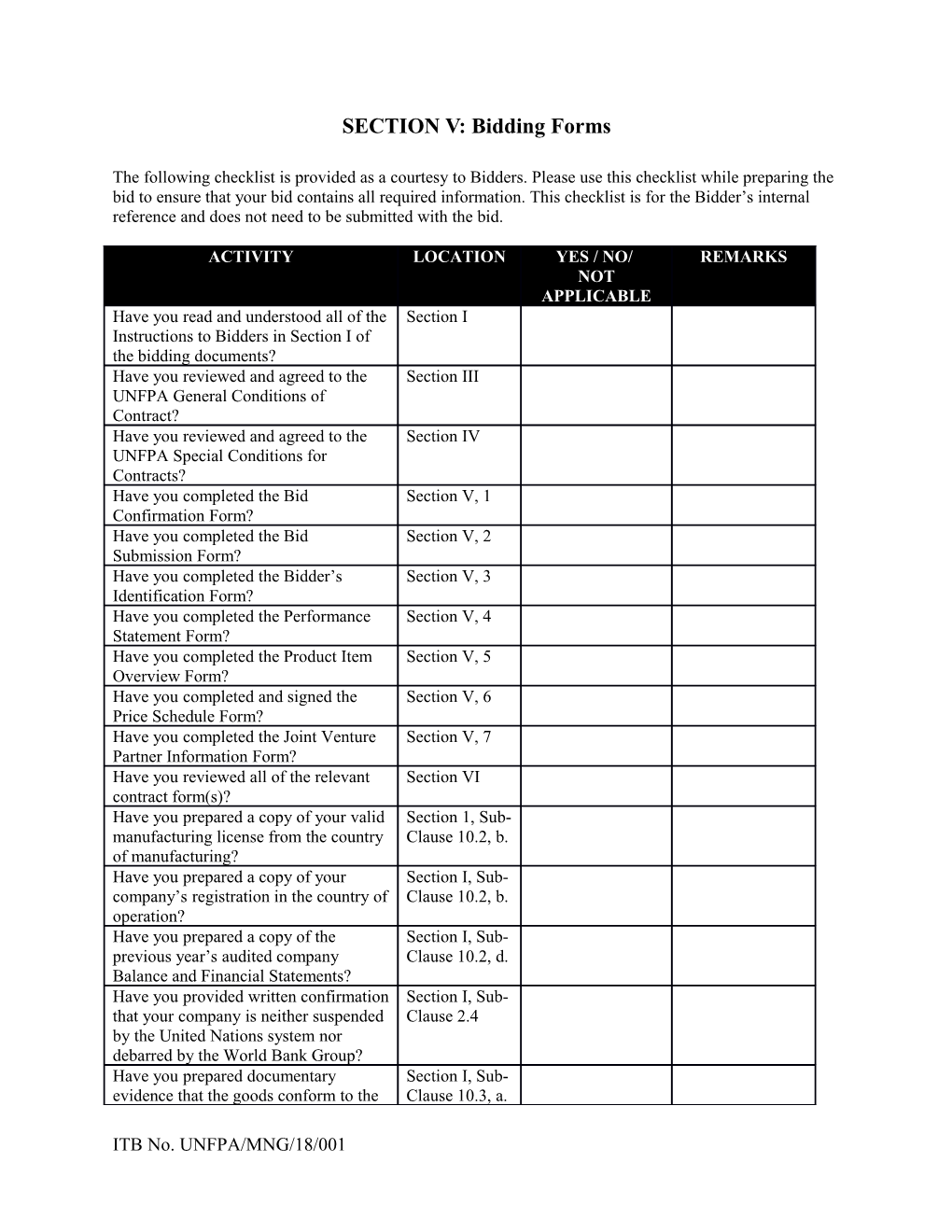 SECTION V: Bidding Forms