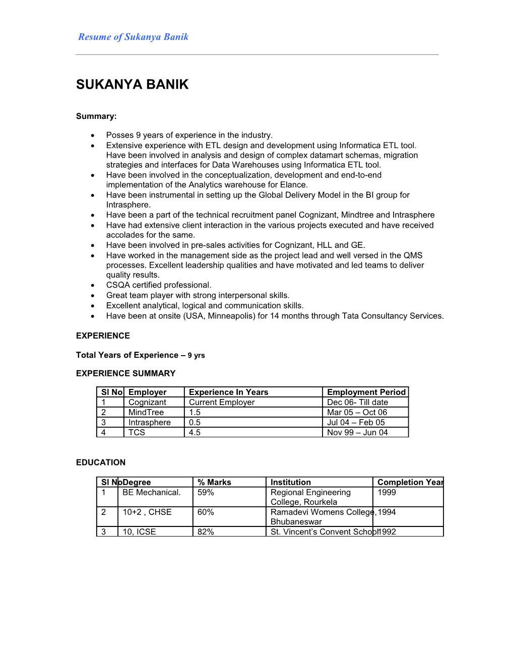 Resume of Sukanya Banik