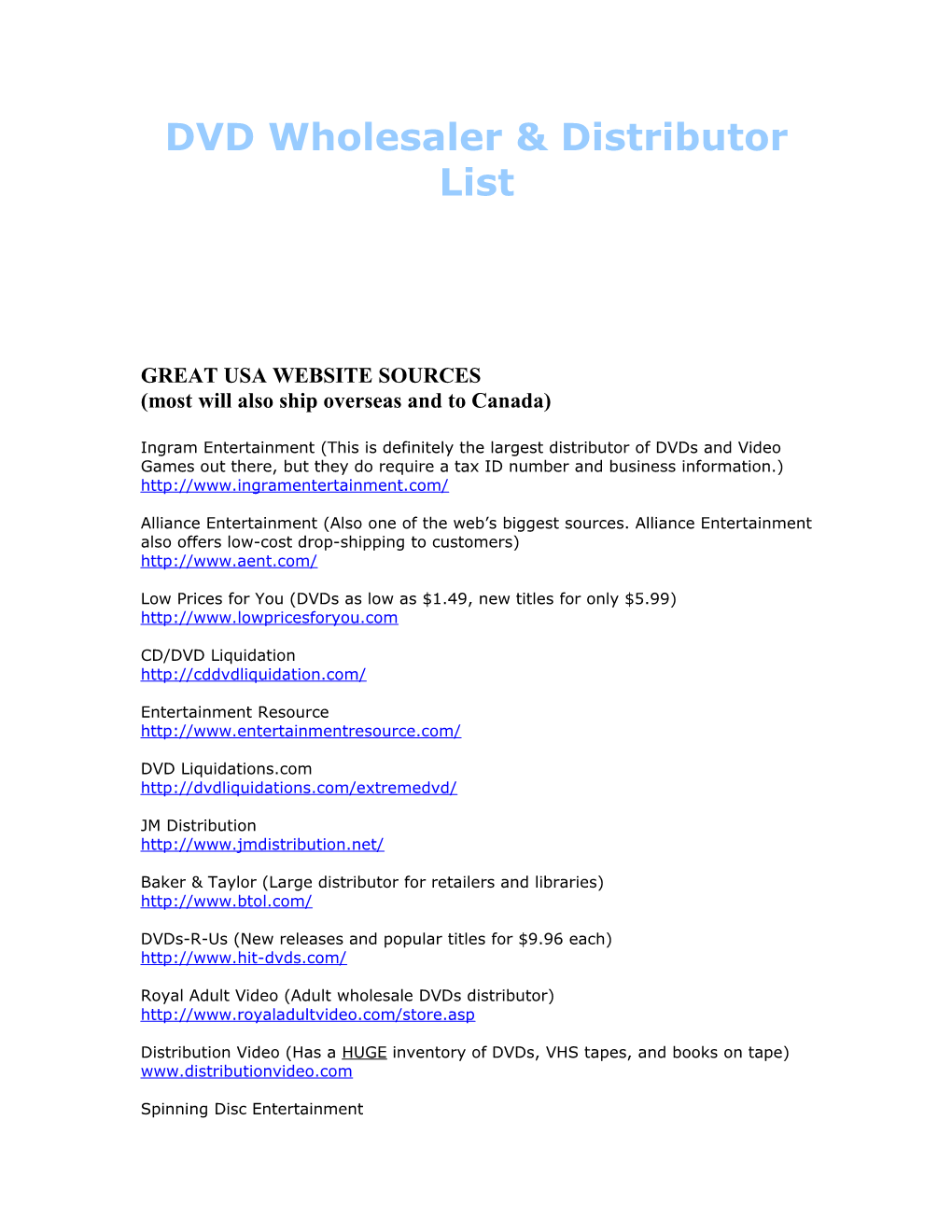 DVD Distributors List